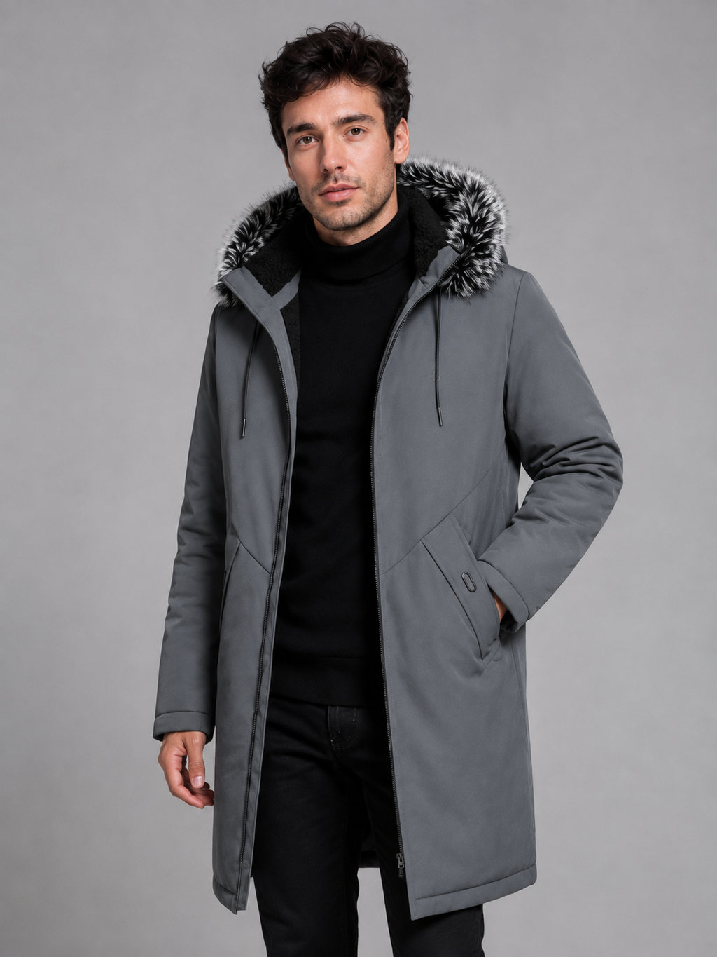 Men's fleece-lined parka with faux fur trim hood