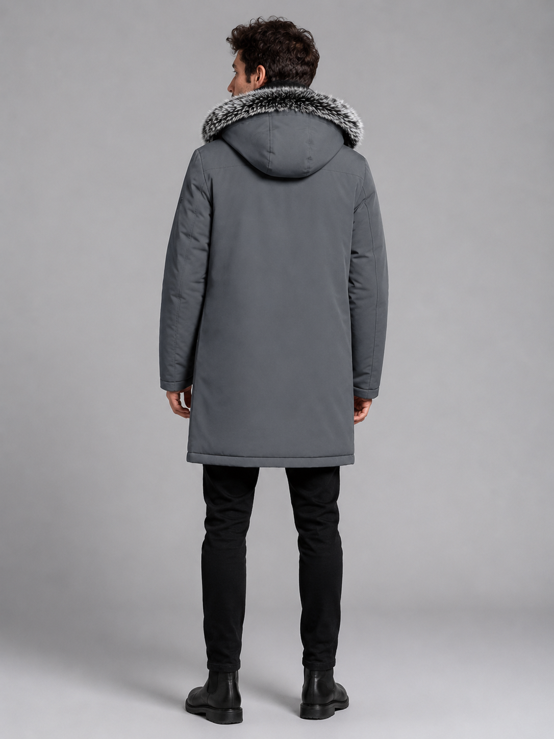 Men's fleece-lined parka with faux fur trim hood