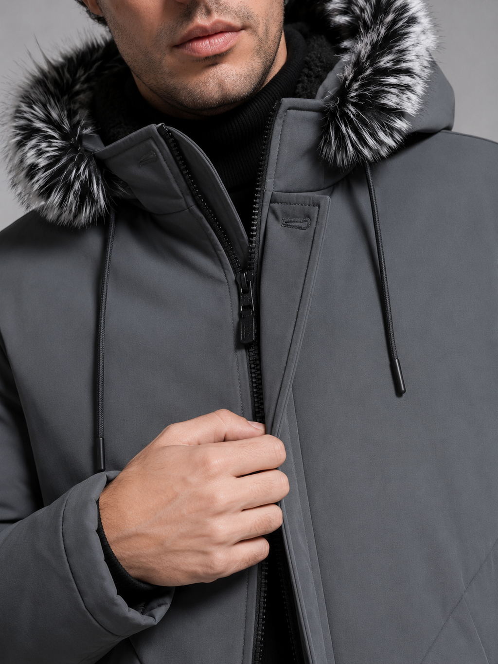 Men's fleece-lined parka with faux fur trim hood