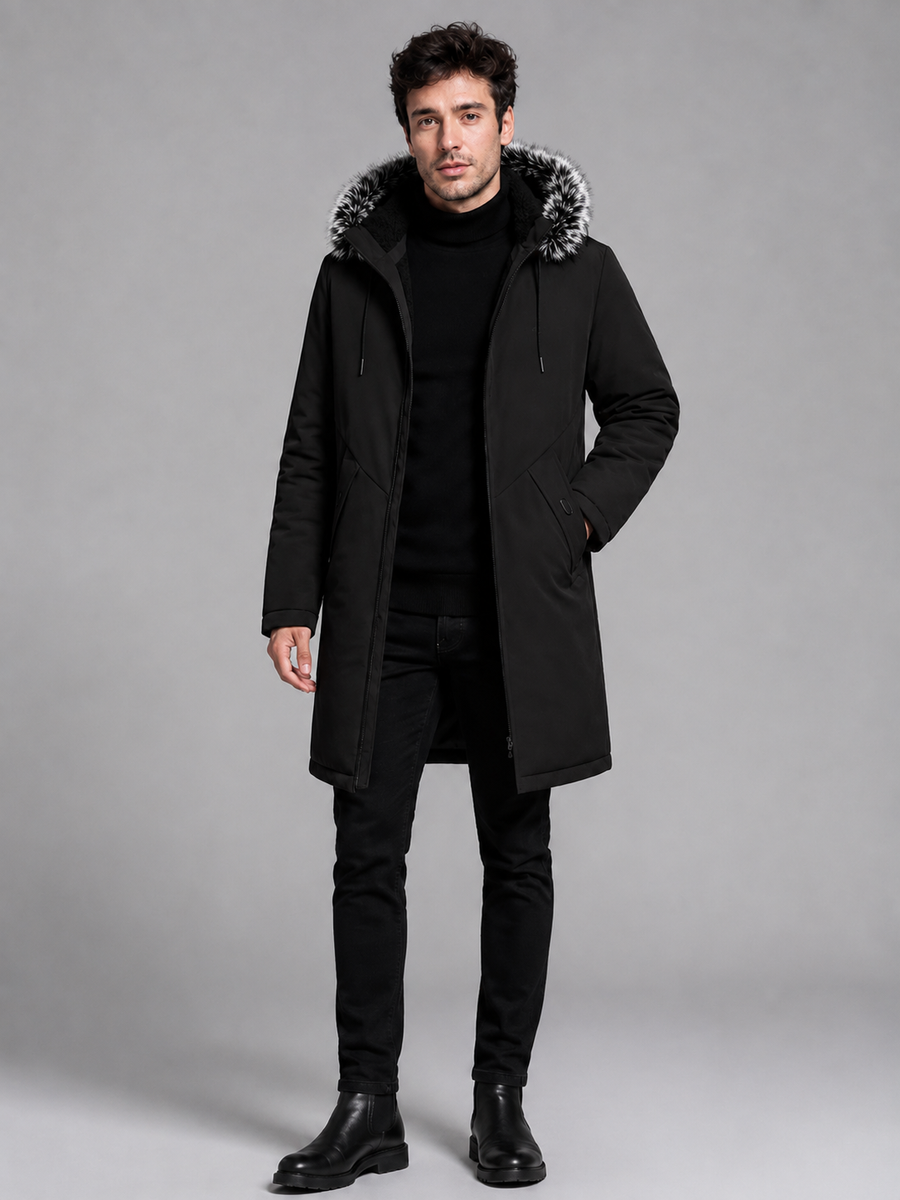 Men's fleece-lined parka with faux fur trim hood