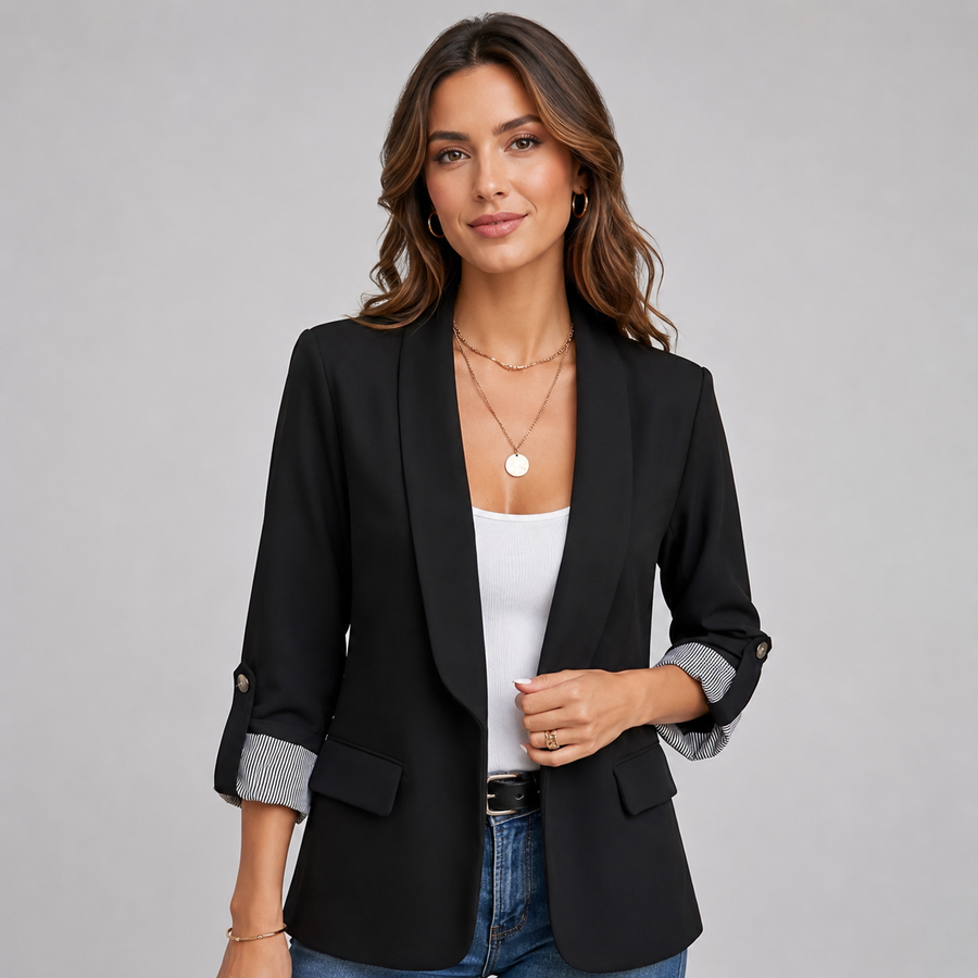 Women's open-front blazer with ruched sleeves