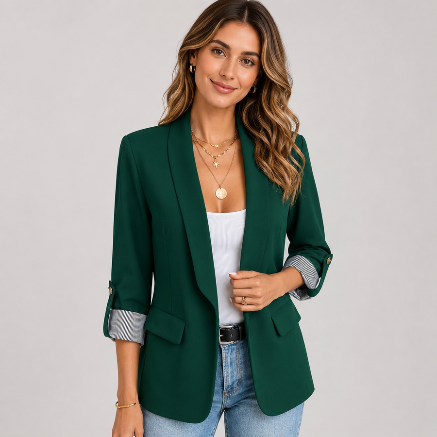 Women's open-front blazer with ruched sleeves