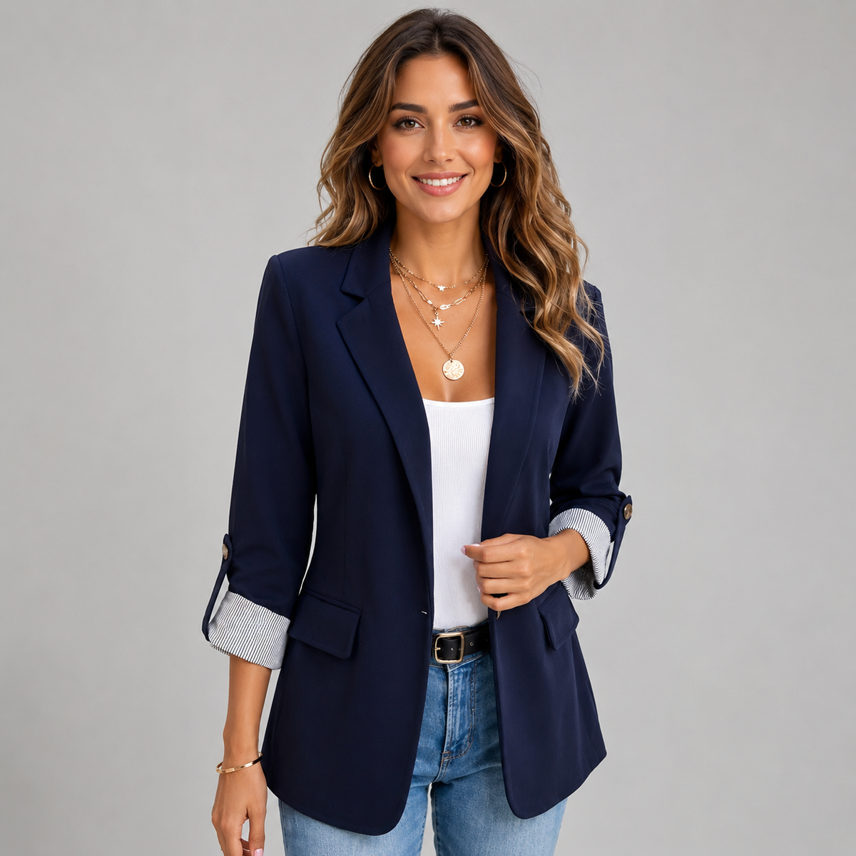 Women's open-front blazer with ruched sleeves