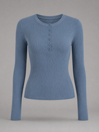 Women's fitted ribbed henley top with a button placket