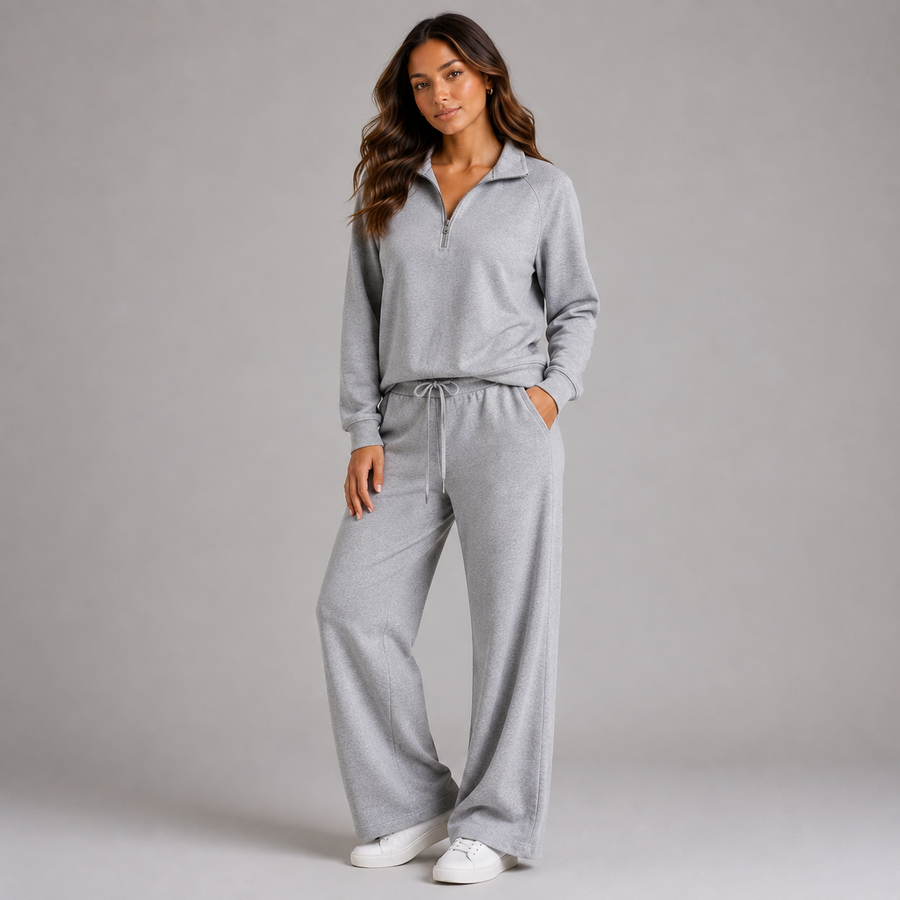 Women's half-zip stand collar wide-leg lounge set