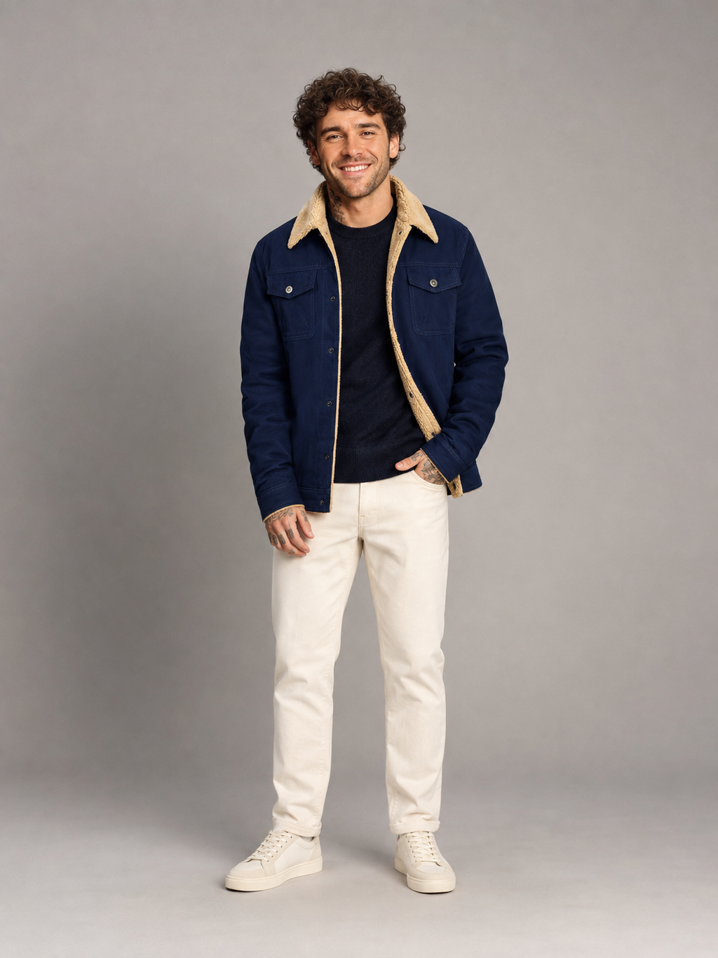 Men's fleece-lined trucker jacket with sherpa collar