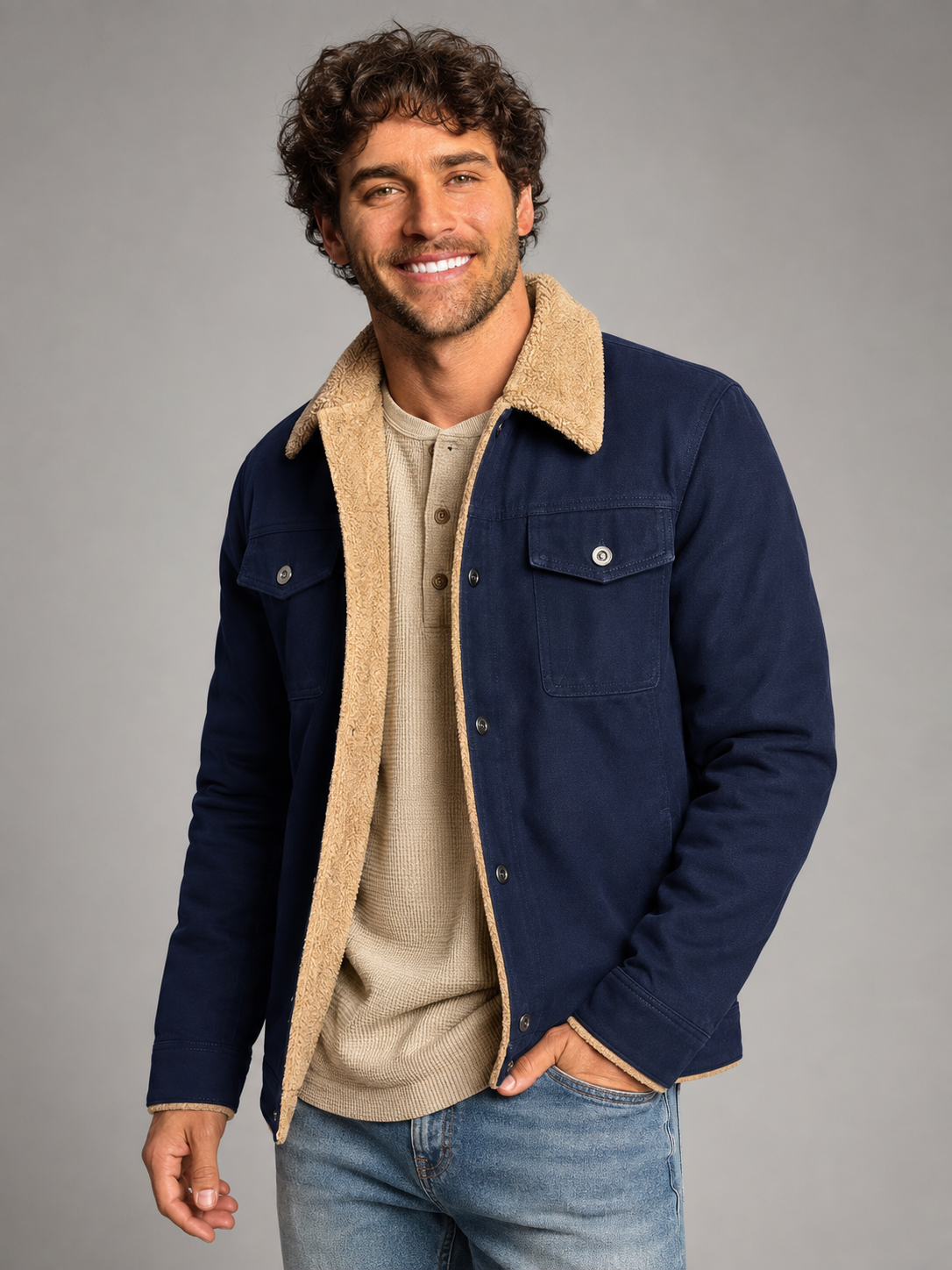 Men's fleece-lined trucker jacket with sherpa collar