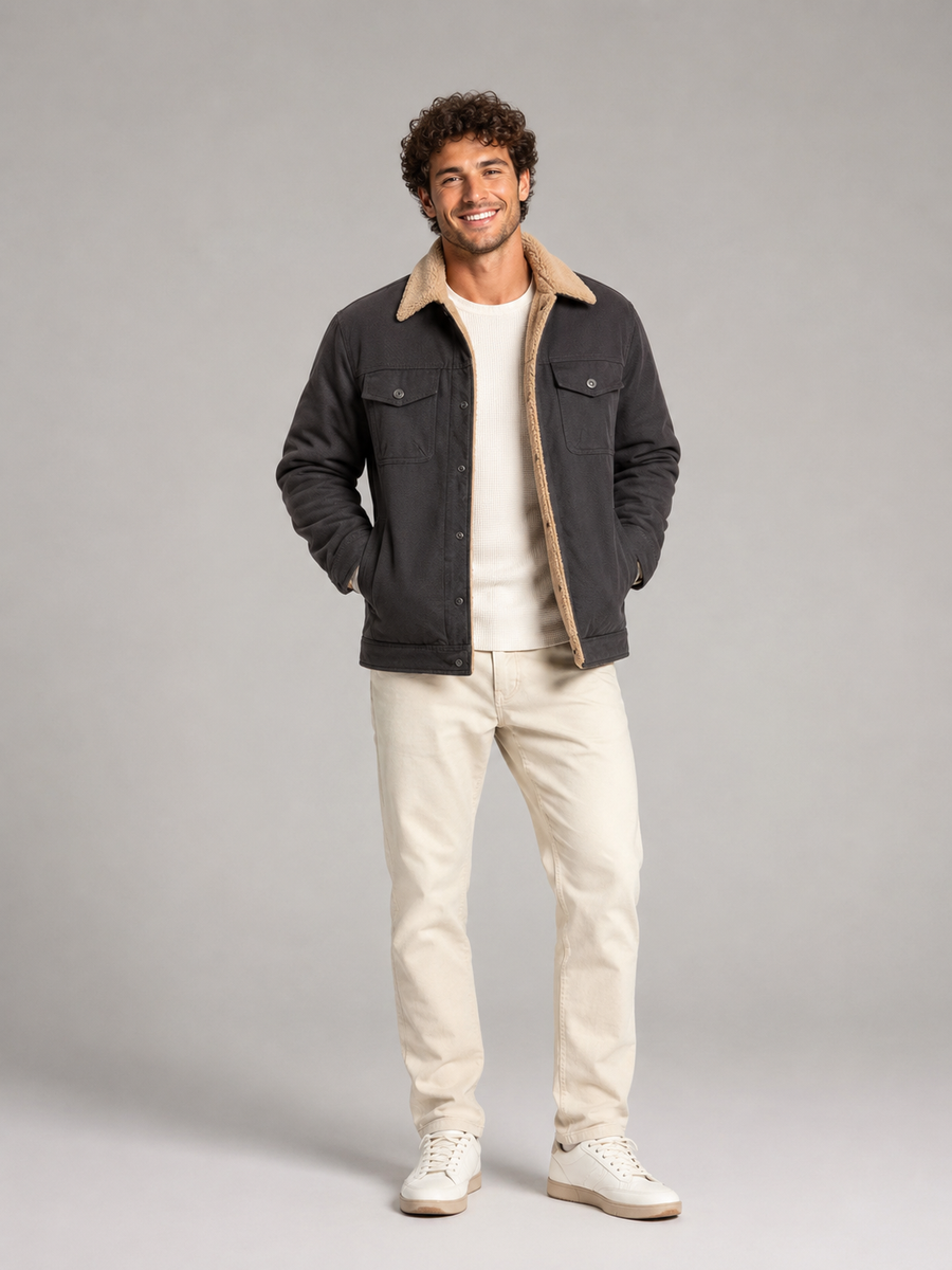 Men's fleece-lined trucker jacket with sherpa collar