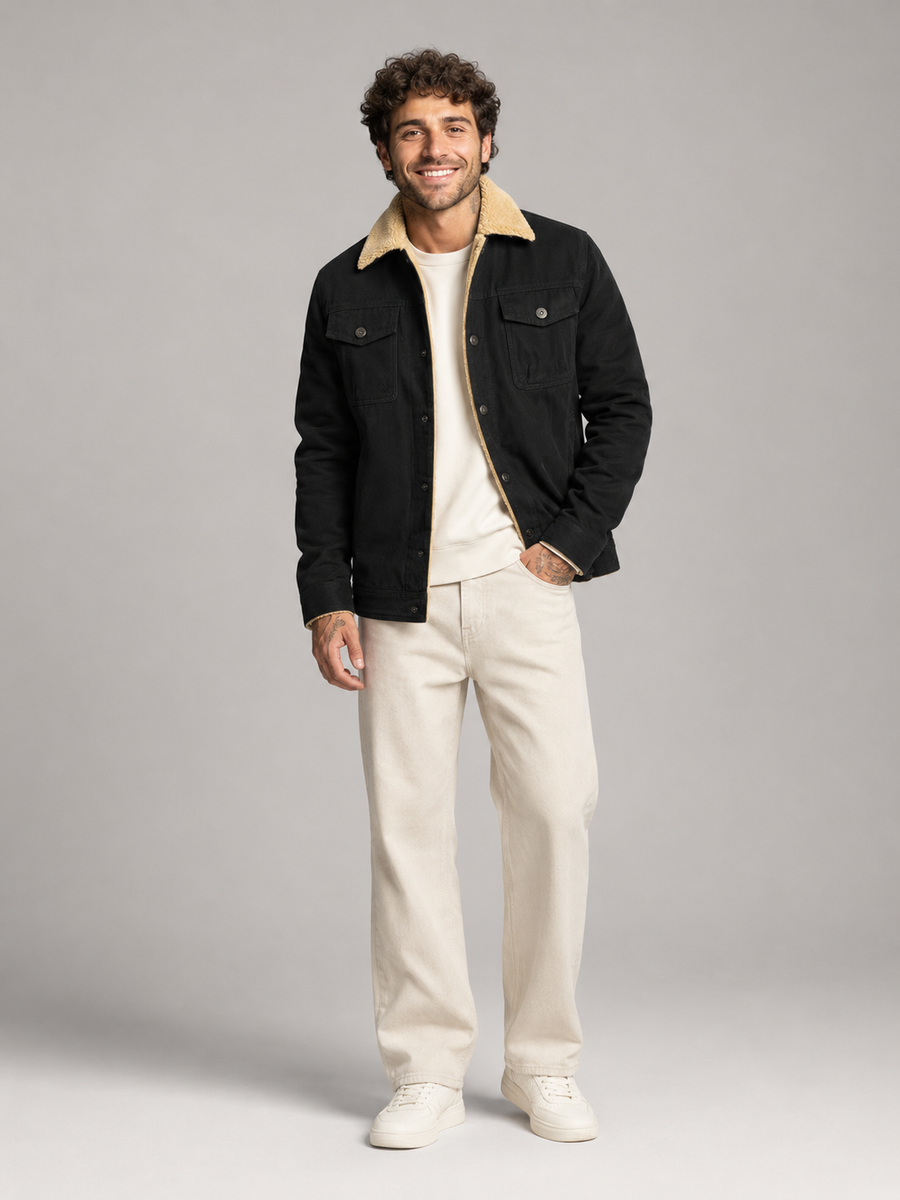 Men's fleece-lined trucker jacket with sherpa collar