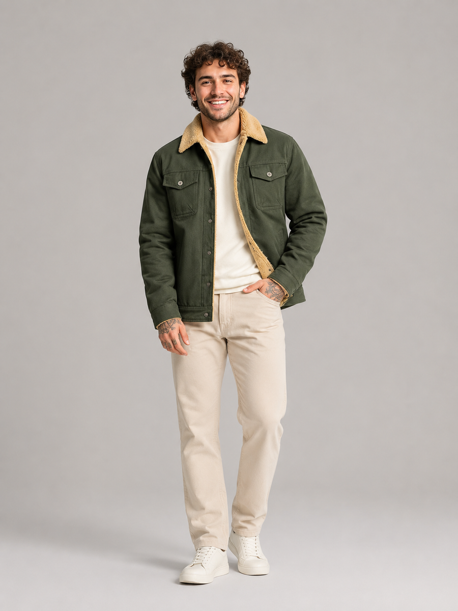 Men's fleece-lined trucker jacket with sherpa collar