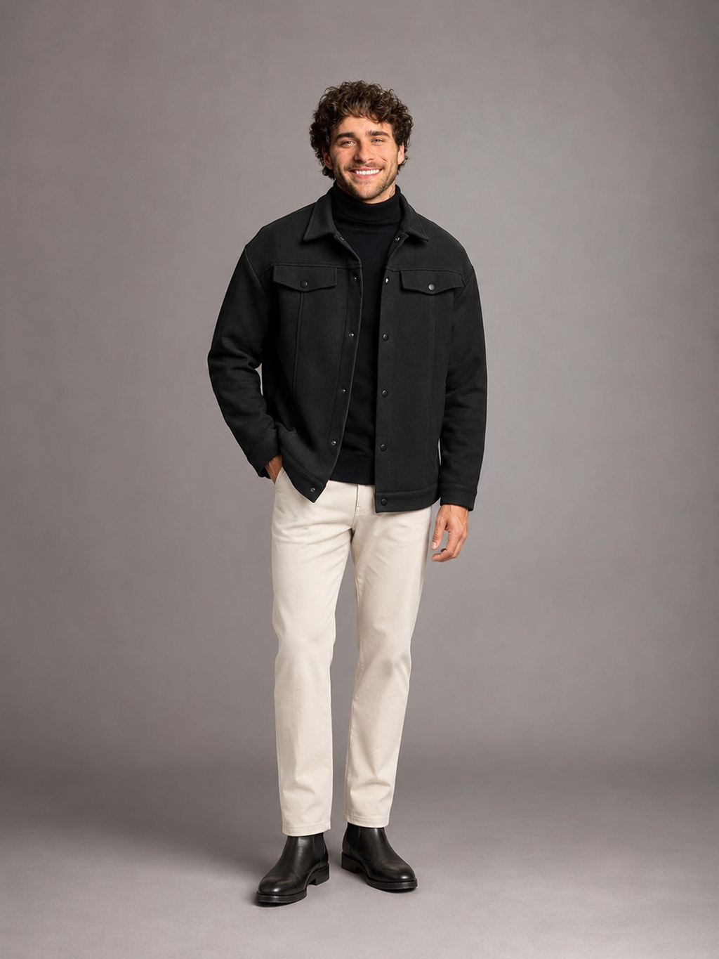 Men's structured trucker jacket with press-stud front