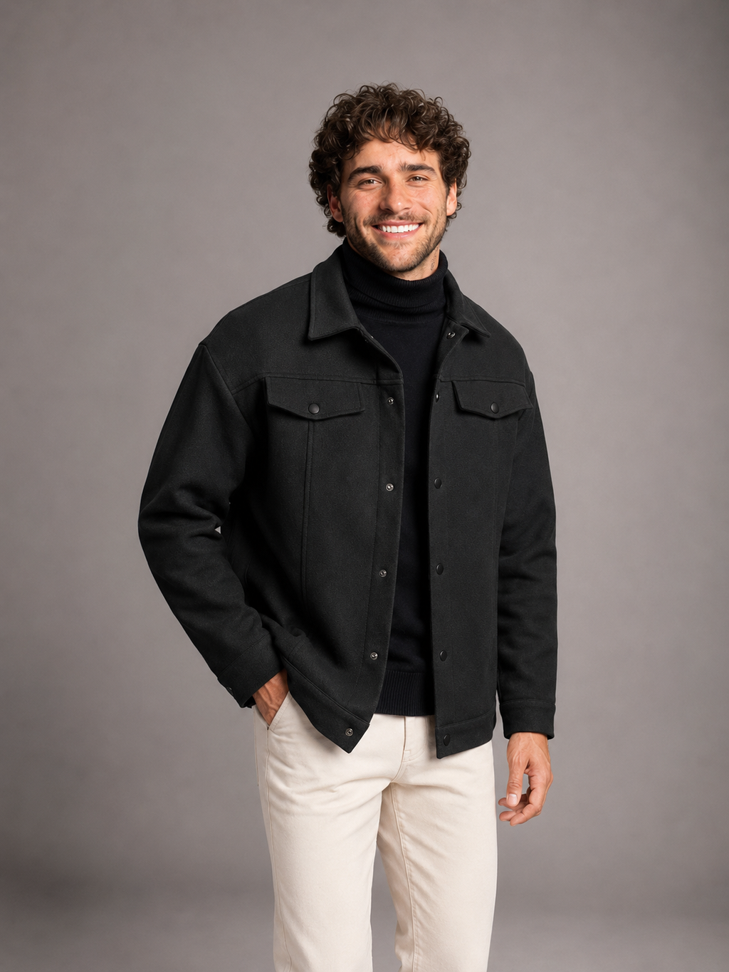Men's structured trucker jacket with press-stud front