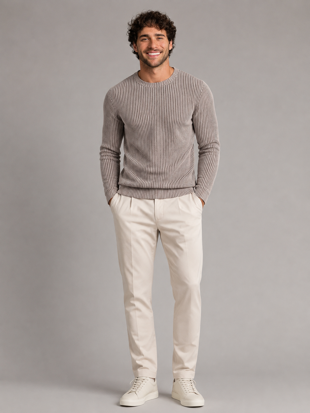 Men's two-tone ribbed knit crew neck jumper