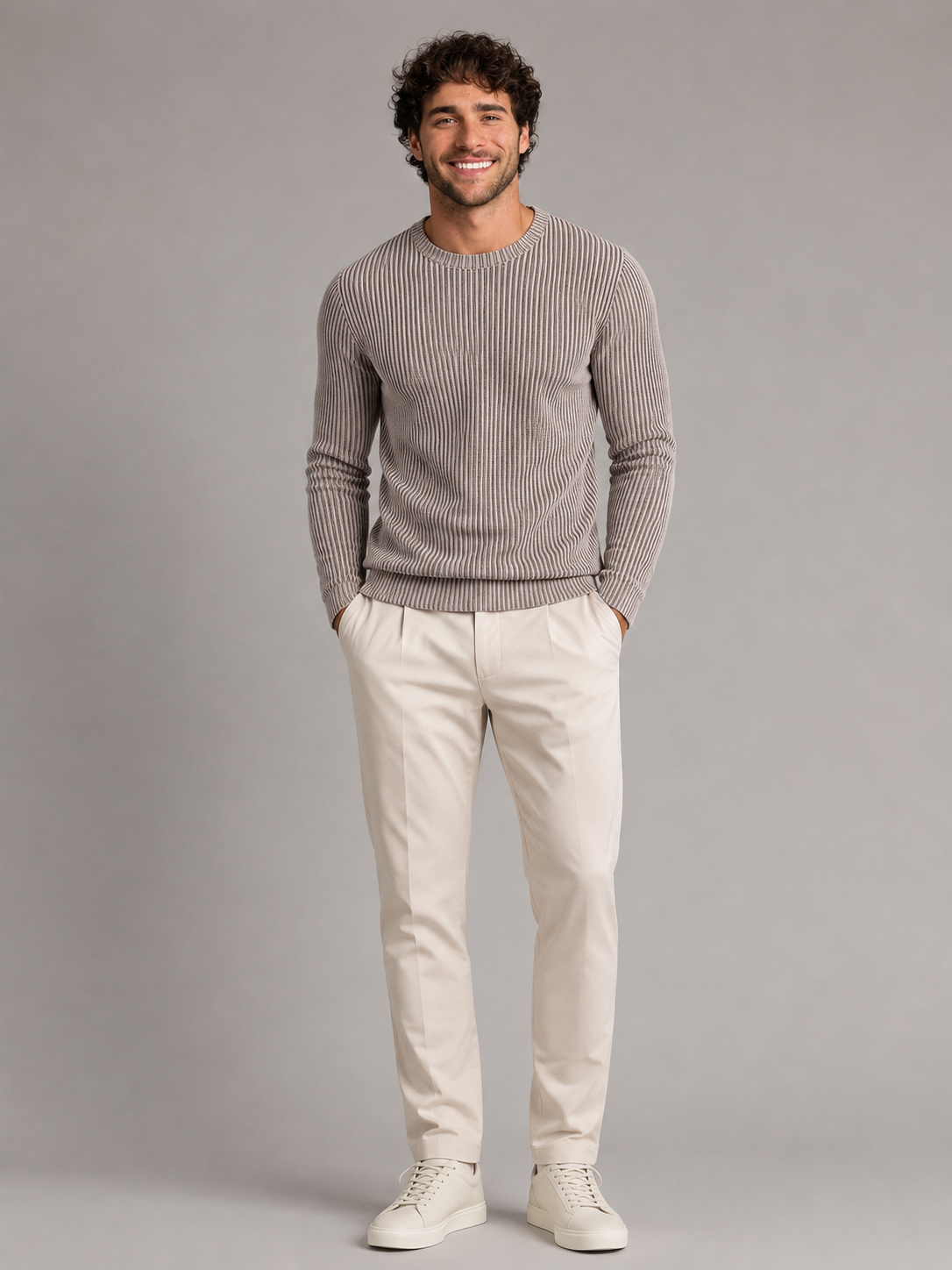 Men's two-tone ribbed knit crew neck jumper