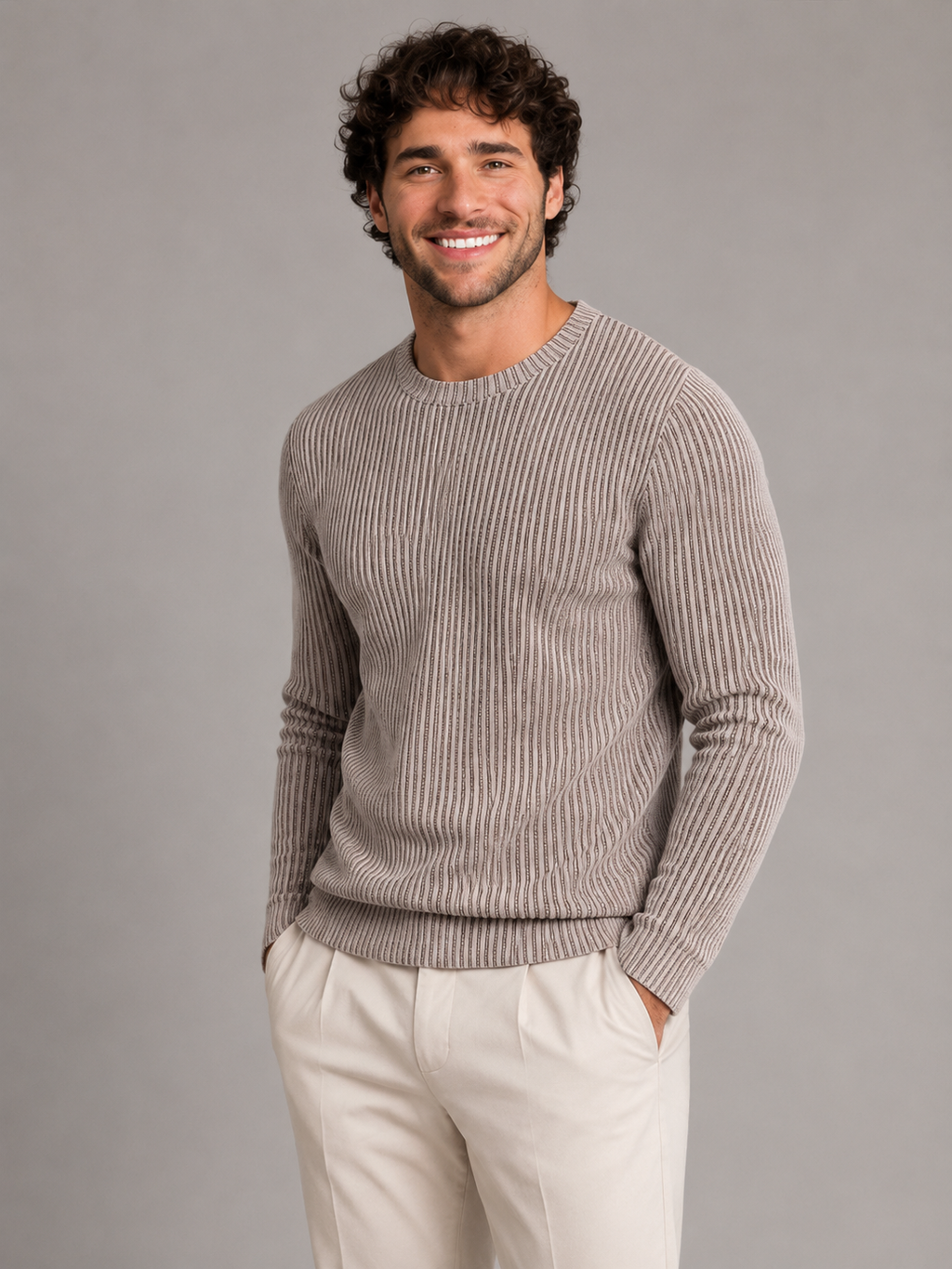 Men's two-tone ribbed knit crew neck jumper