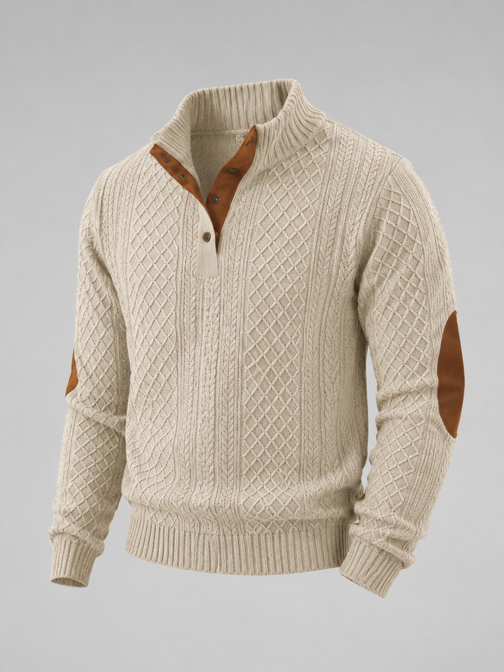 Men's cable knit button-neck jumper with elbow patches