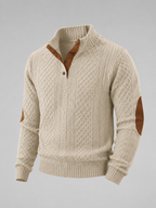 Men's cable knit button-neck jumper with elbow patches