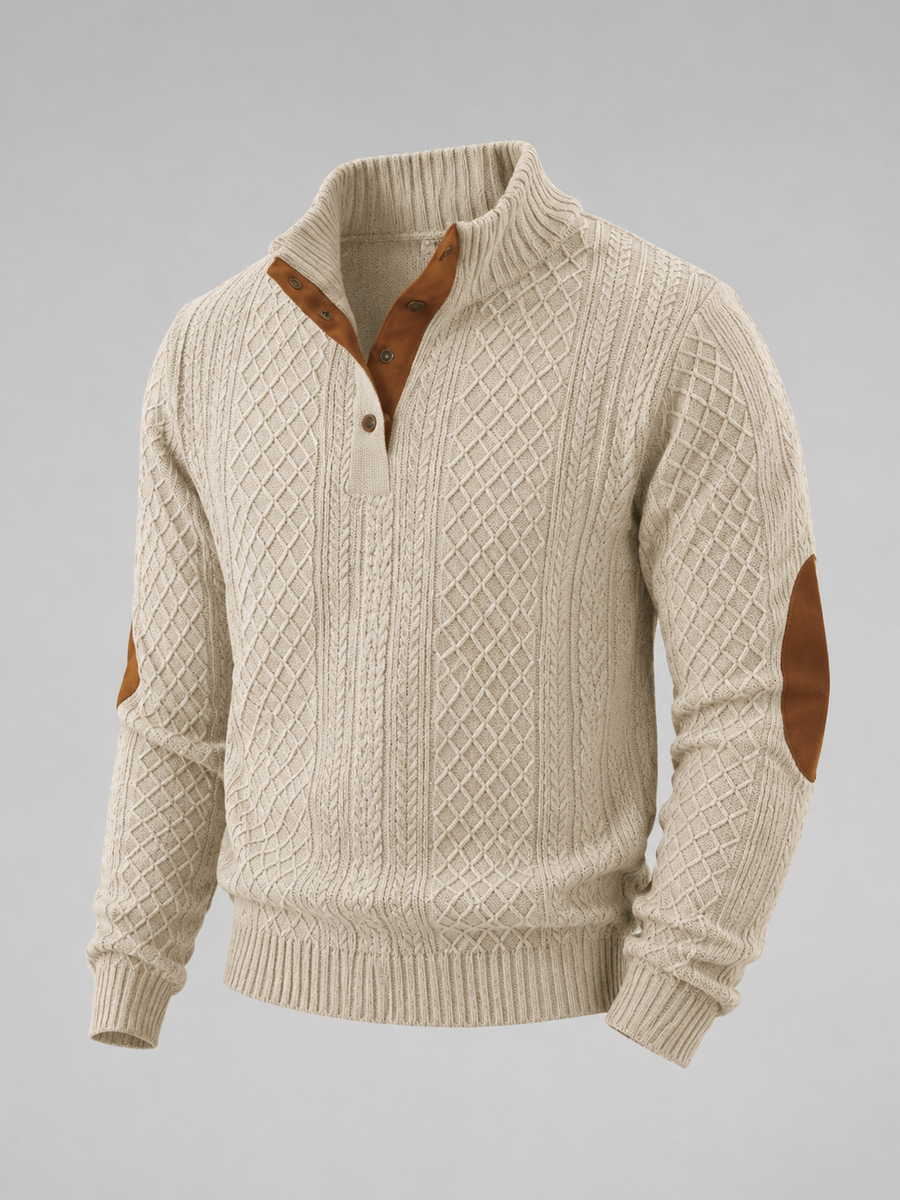 Men's cable knit button-neck jumper with elbow patches