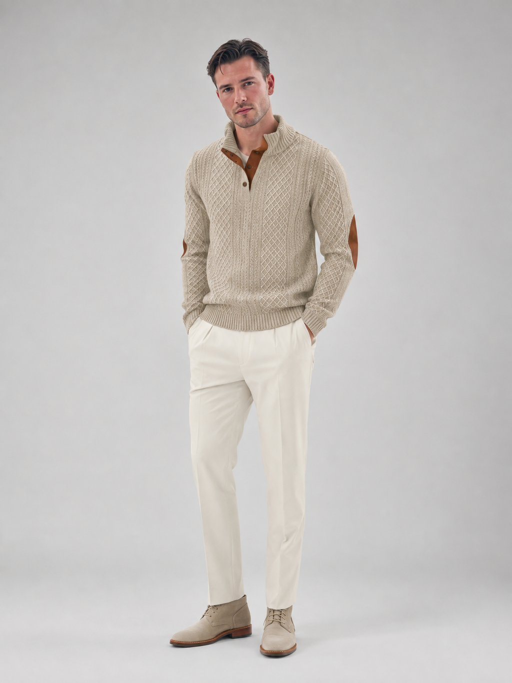 Men's cable knit button-neck jumper with elbow patches