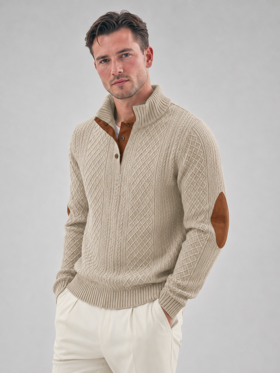Men's cable knit button-neck jumper with elbow patches