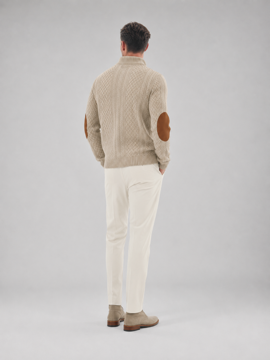 Men's cable knit button-neck jumper with elbow patches
