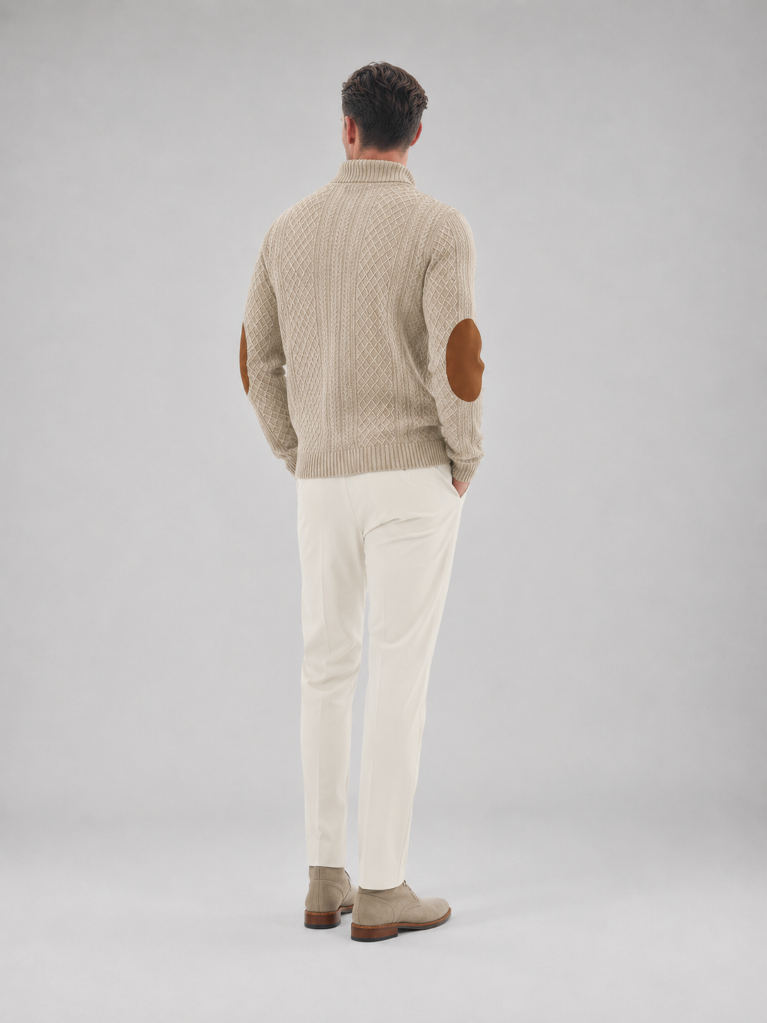 Men's cable knit button-neck jumper with elbow patches