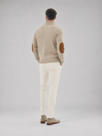 Men's cable knit button-neck jumper with elbow patches