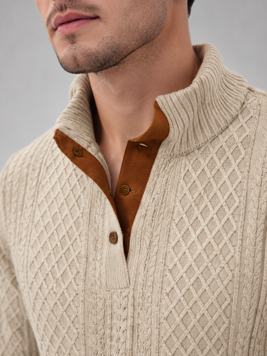 Men's cable knit button-neck jumper with elbow patches