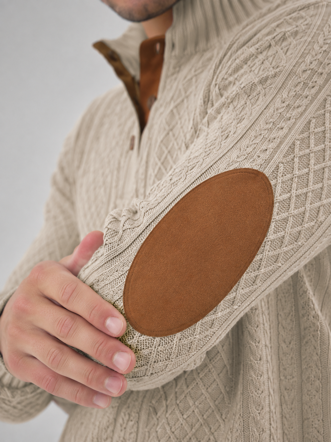 Men's cable knit button-neck jumper with elbow patches