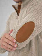 Men's cable knit button-neck jumper with elbow patches