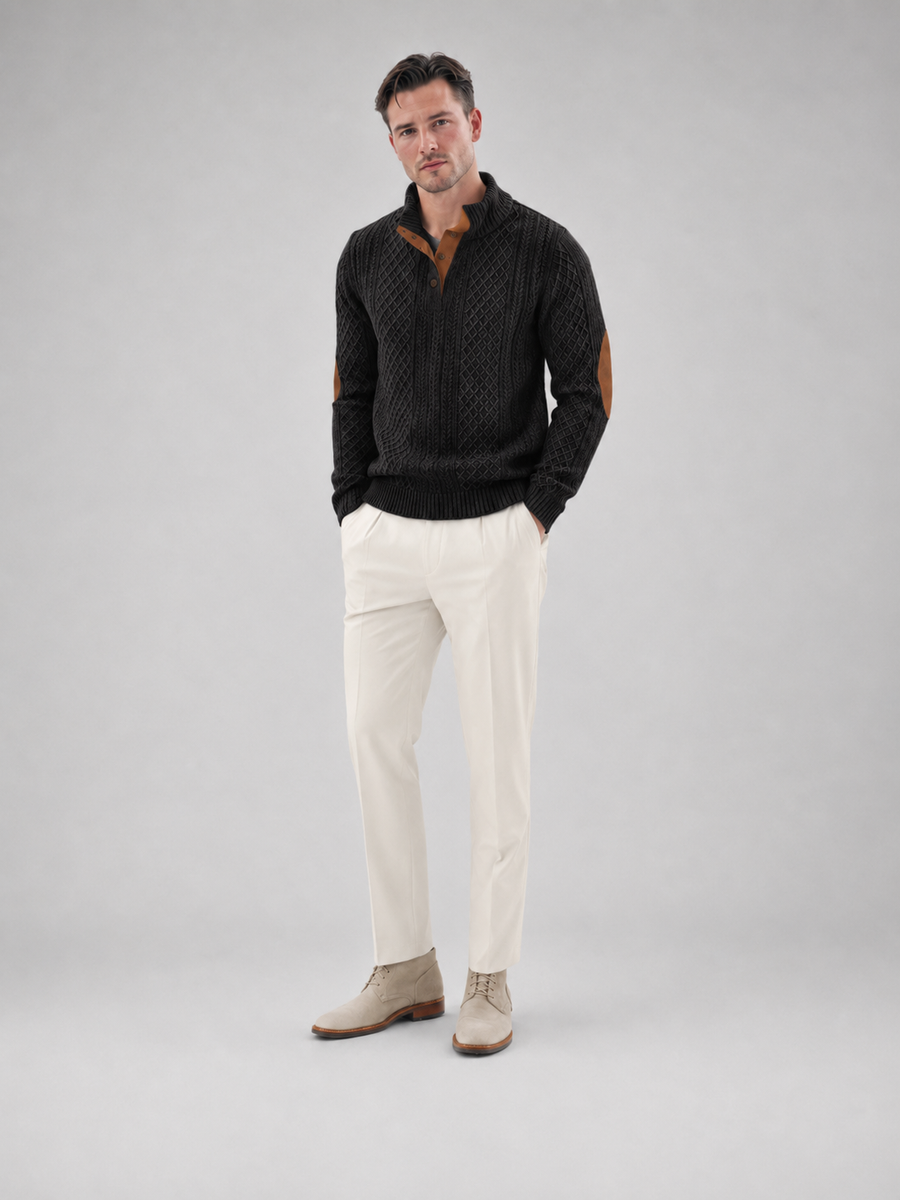 Men's cable knit button-neck jumper with elbow patches
