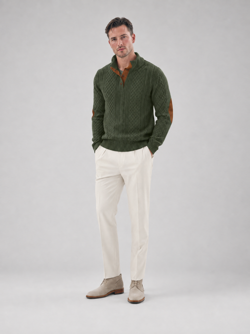 Men's cable knit button-neck jumper with elbow patches