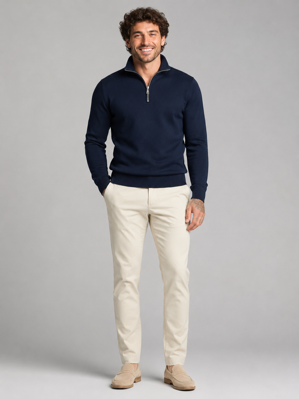Men's fine-knit quarter-zip stand collar jumper