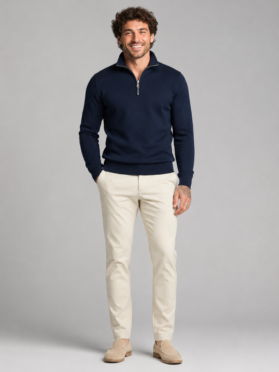 Men's fine-knit quarter-zip stand collar jumper