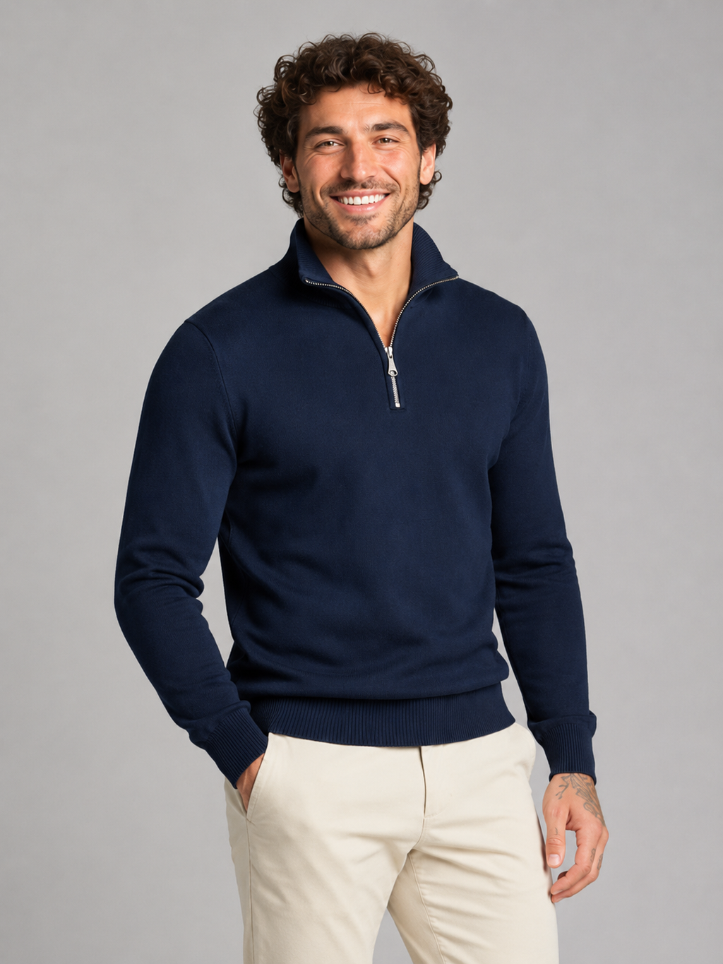 Men's fine-knit quarter-zip stand collar jumper