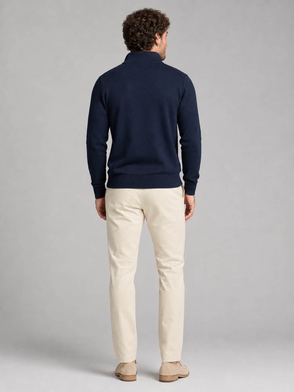 Men's fine-knit quarter-zip stand collar jumper