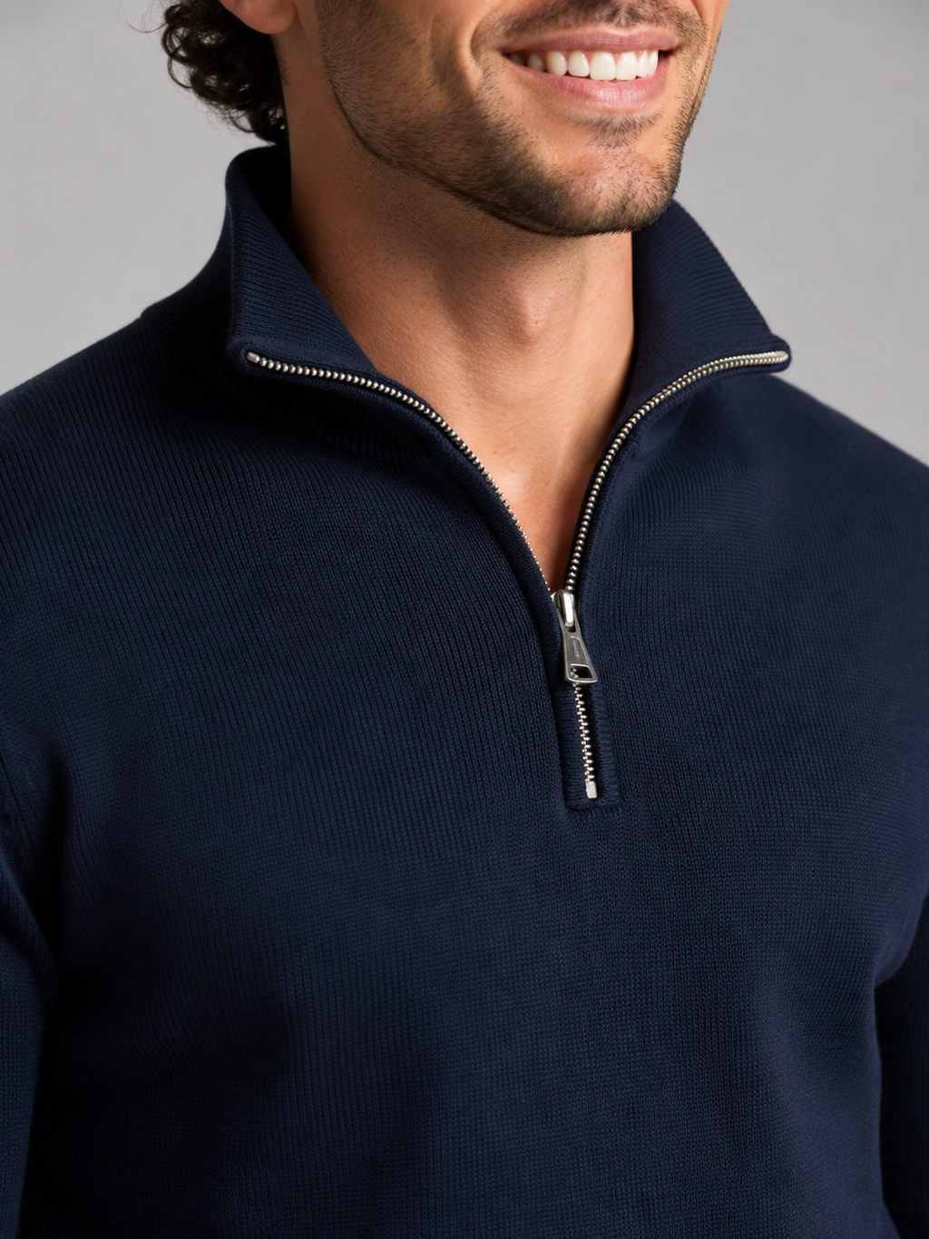 Men's fine-knit quarter-zip stand collar jumper