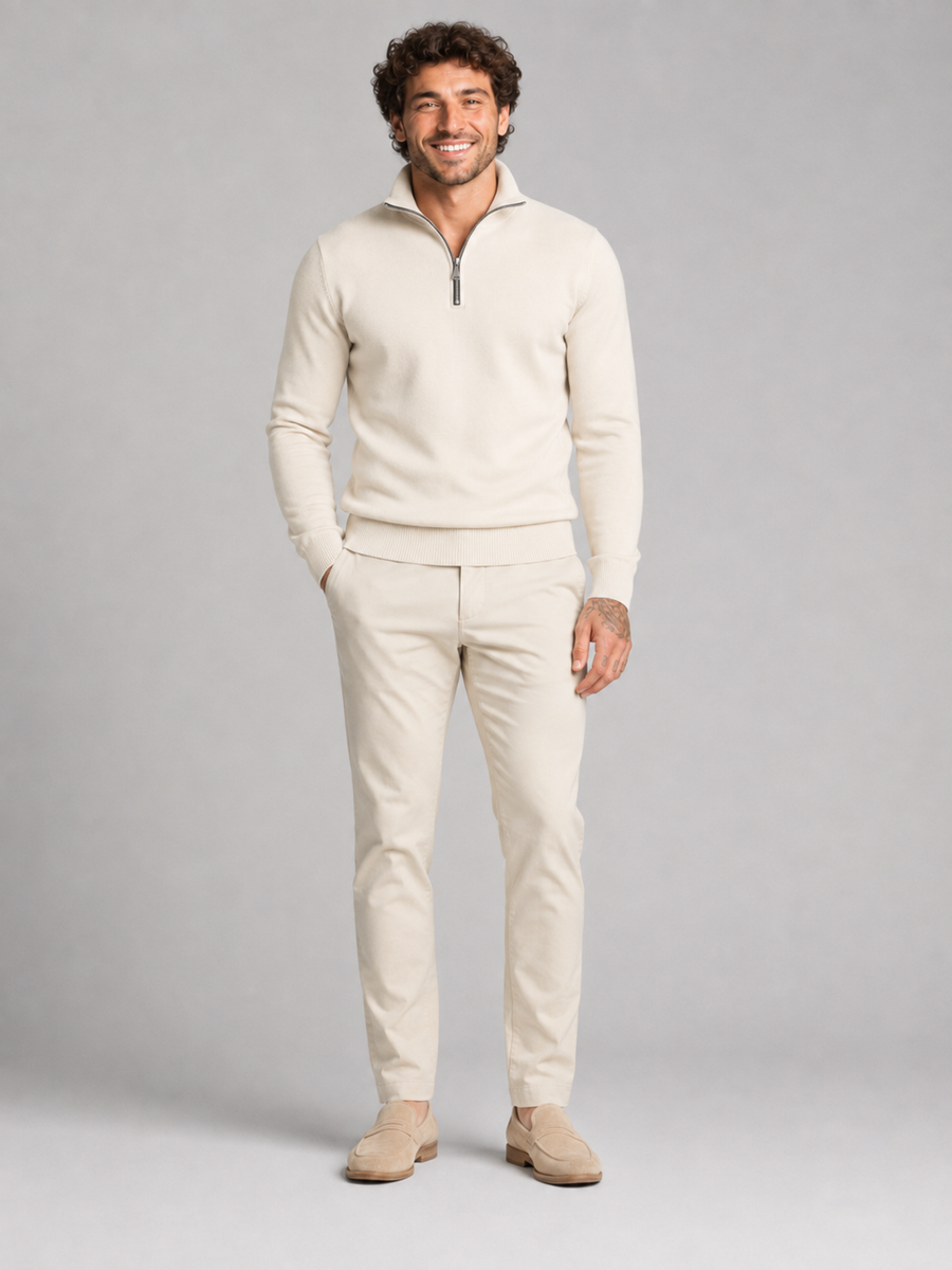 Men's fine-knit quarter-zip stand collar jumper