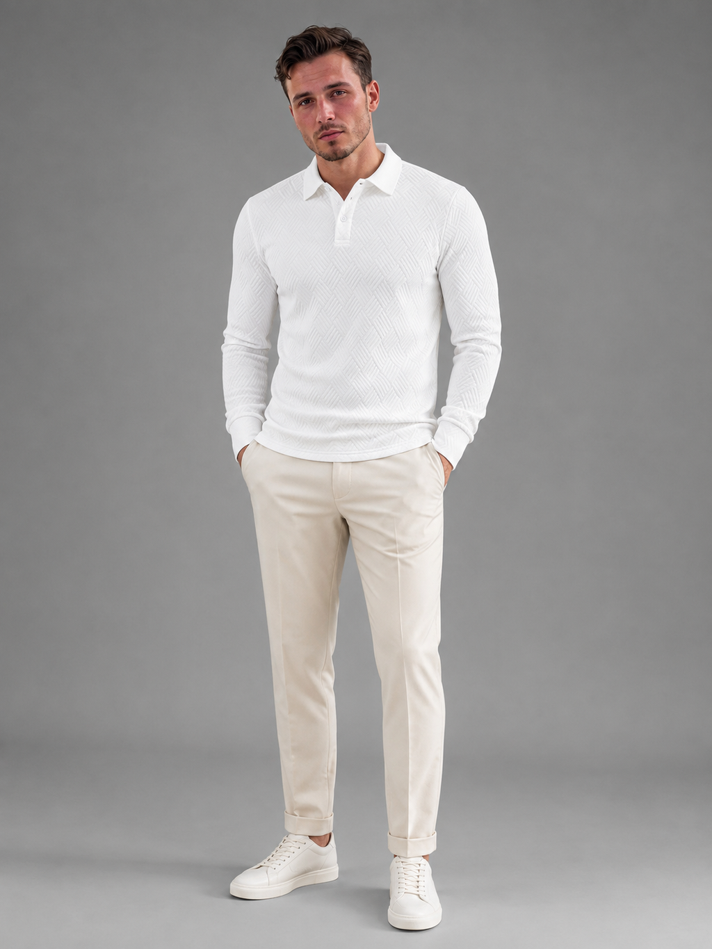 Men's textured long-sleeve knit polo