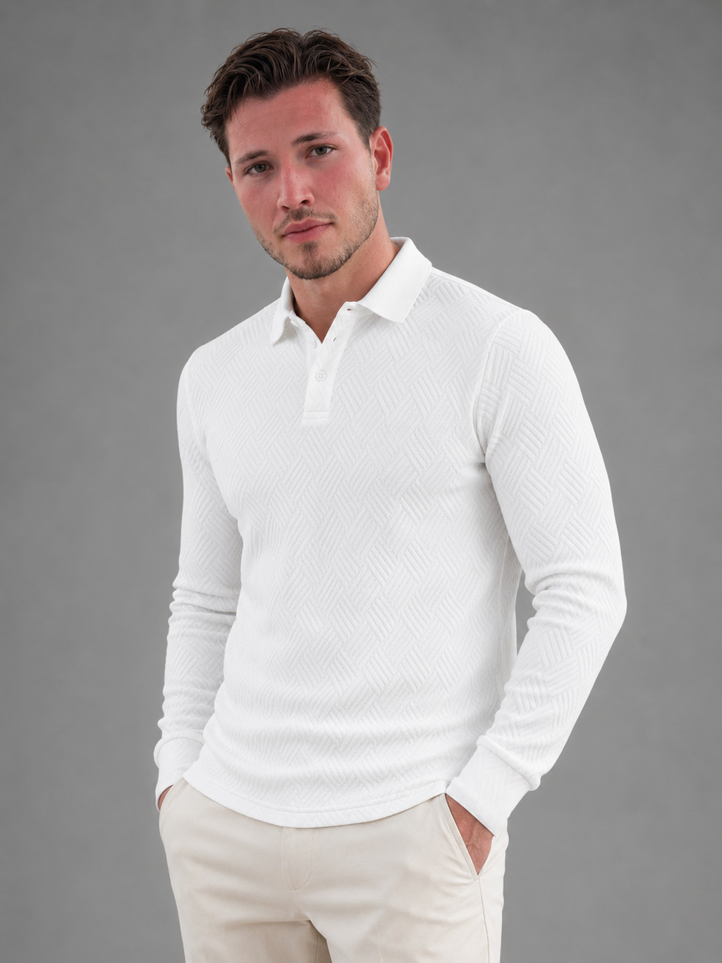 Men's textured long-sleeve knit polo