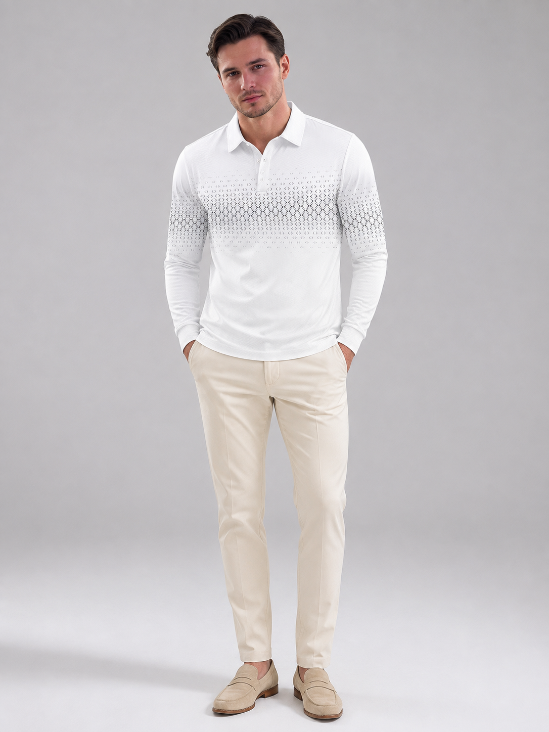 Men's gradient jacquard long-sleeve knit polo