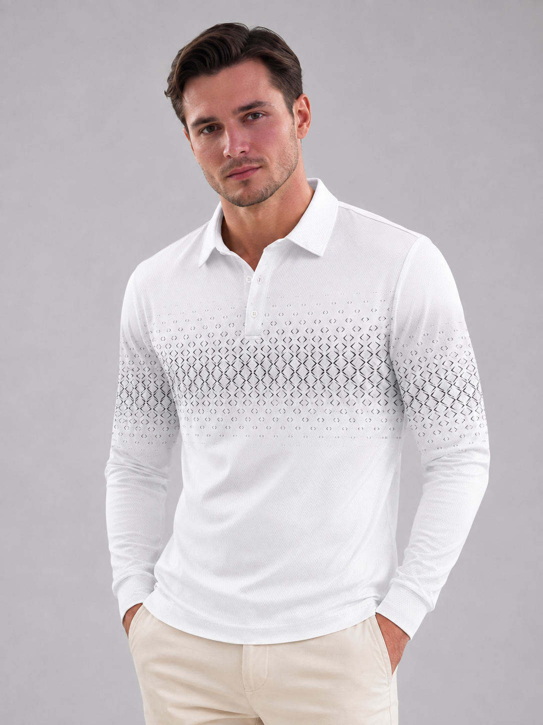 Men's gradient jacquard long-sleeve knit polo