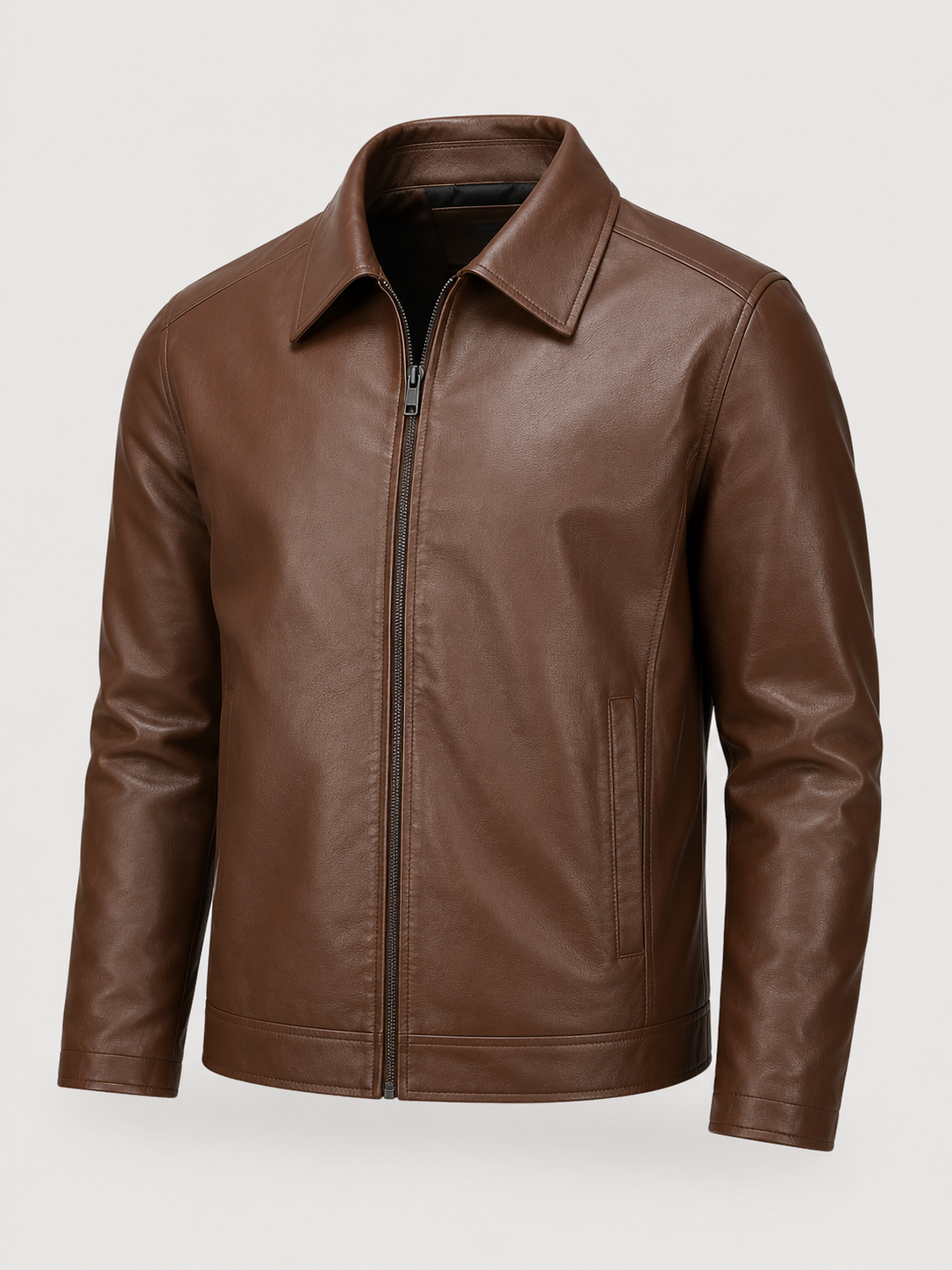 Men's faux leather zip-up jacket with shirt collar