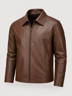 Men's faux leather zip-up jacket with shirt collar