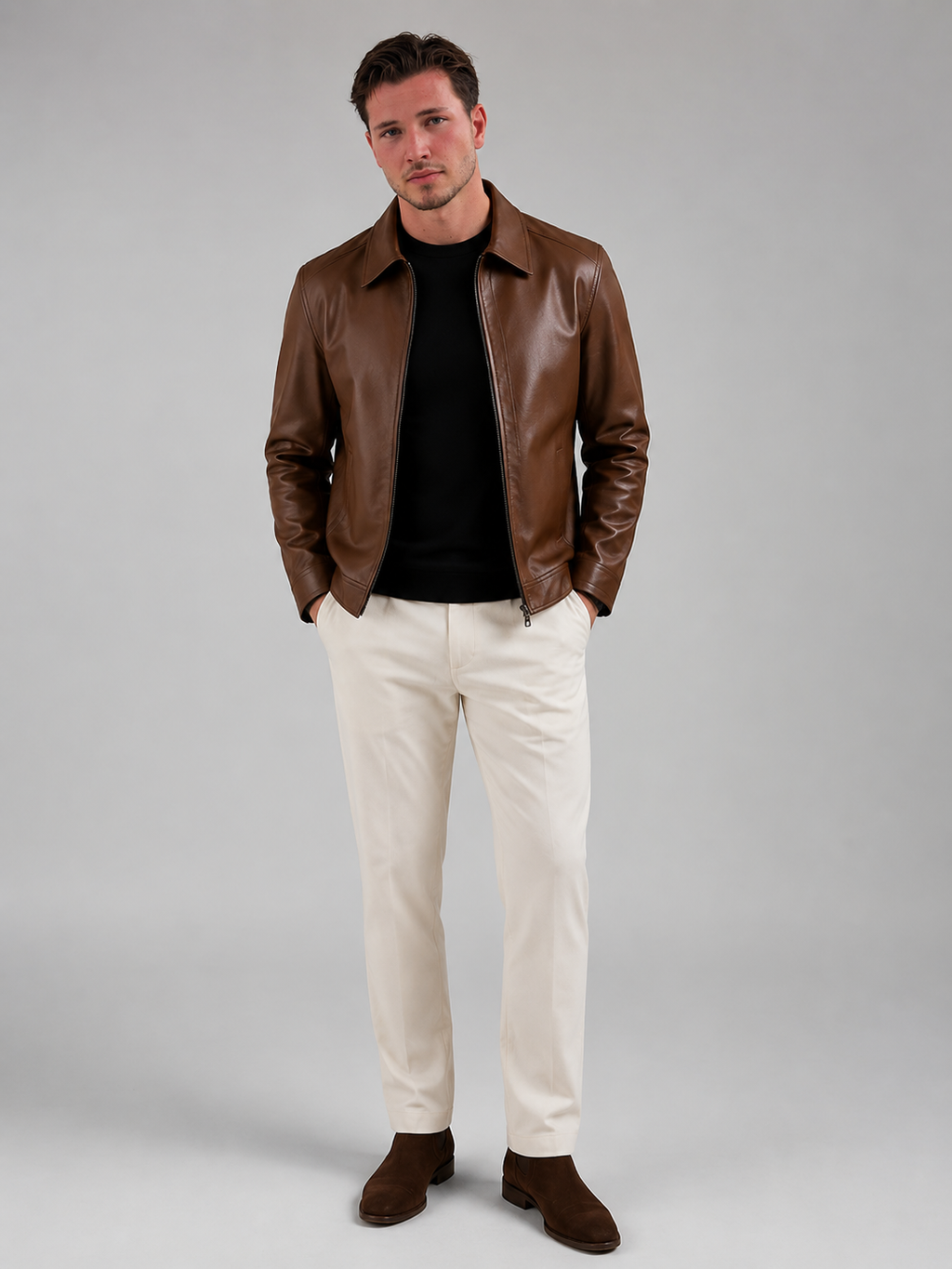 Men's faux leather zip-up jacket with shirt collar