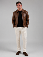 Men's faux leather zip-up jacket with shirt collar