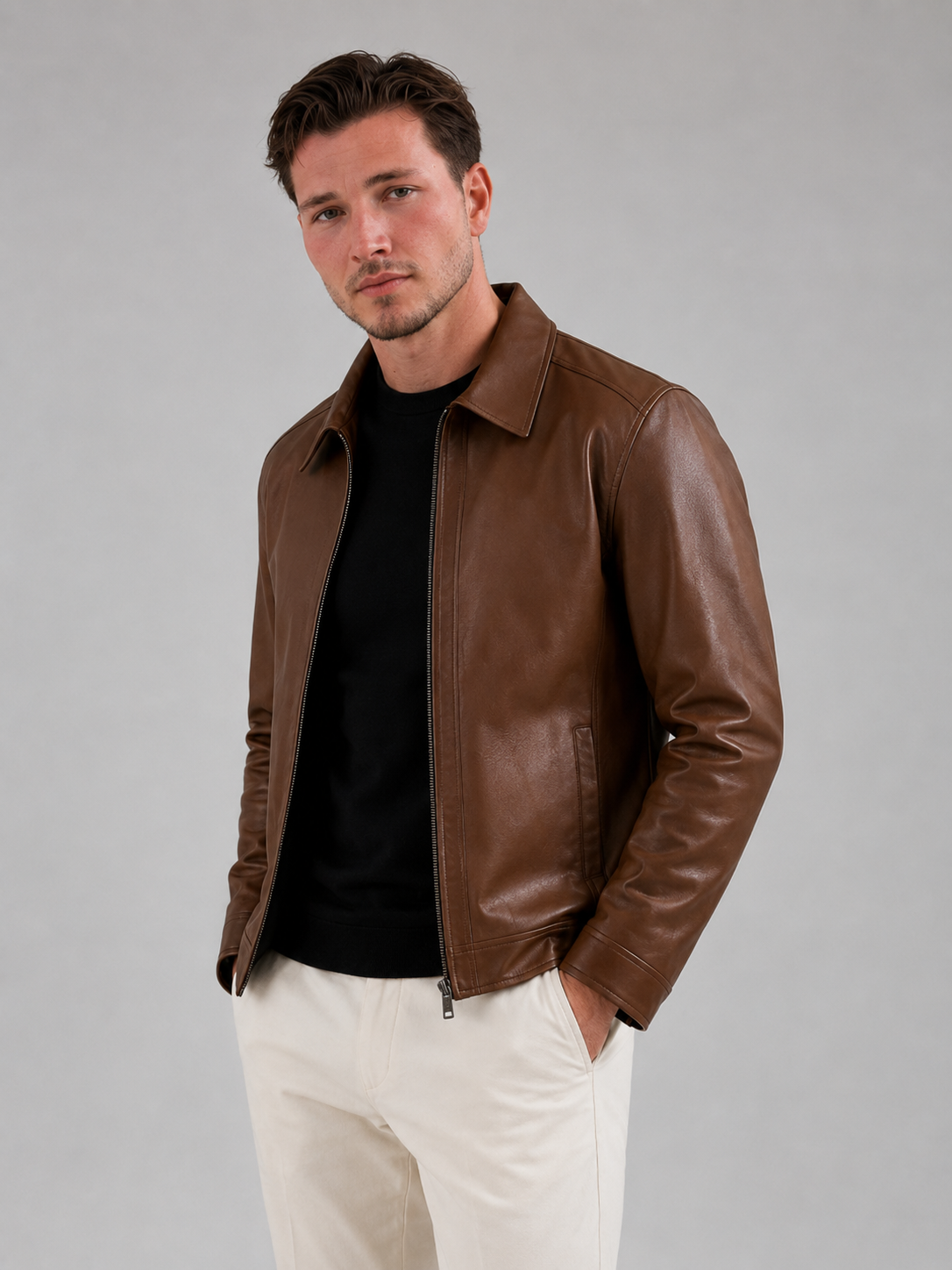 Men's faux leather zip-up jacket with shirt collar