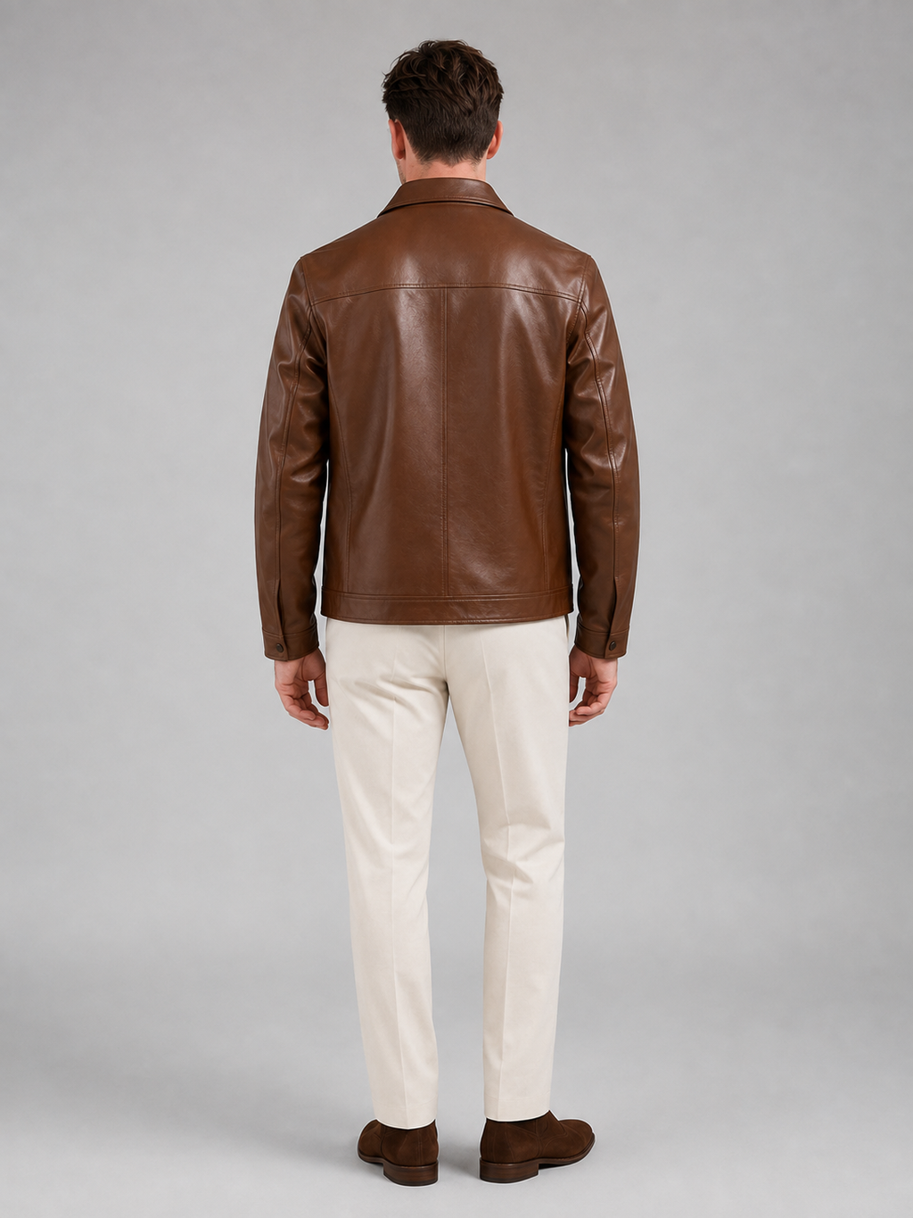 Men's faux leather zip-up jacket with shirt collar