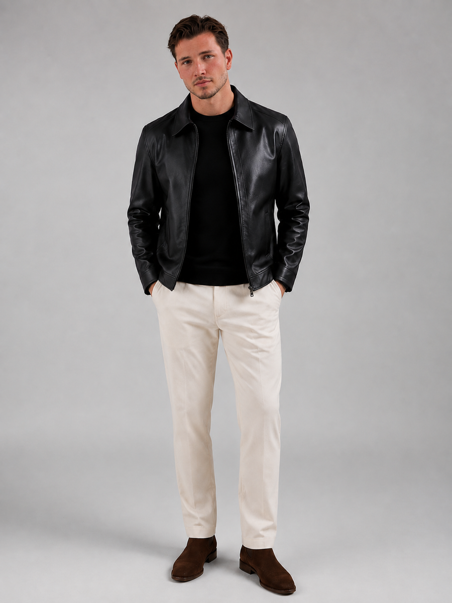 Men's faux leather zip-up jacket with shirt collar