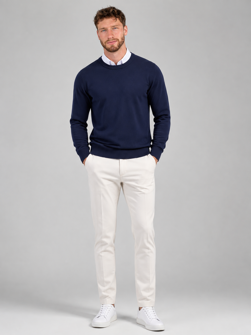 Men's cotton-blend fine knit crew neck jumper